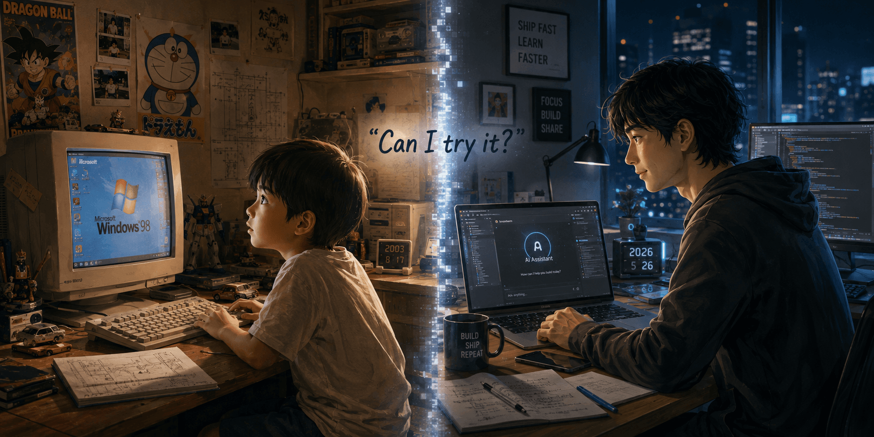Windows 98 のパソコンに向かう少年と、2026 年にノート PC で AI と開発する大人の作り手
